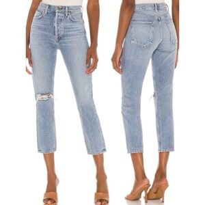 Agolde Riley High Rise Straight Crop Denim Jeans in Endeavor Size 30 Distressed